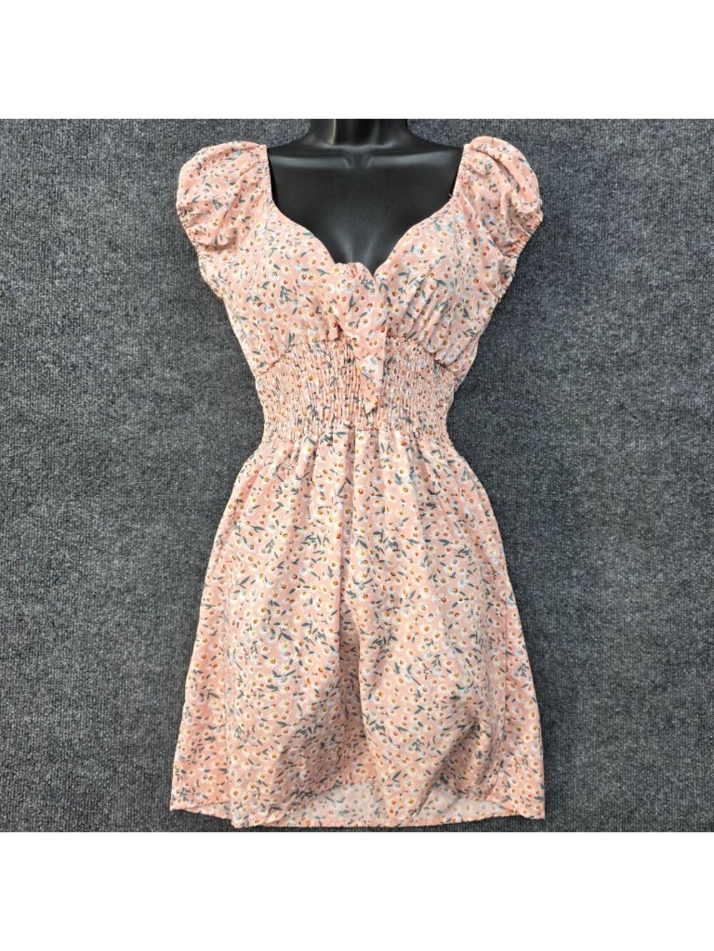 Floral Babydoll Tie Front Mini Dress XS Peach Smocked Coquette Romantic Country